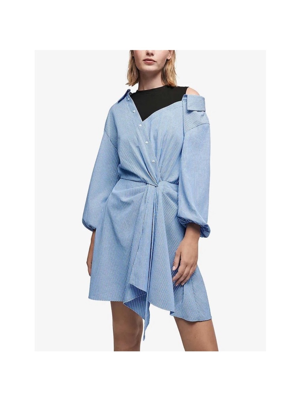 Maje Light Blue & Black Long Sleeve Twist-Front Shirt Dress